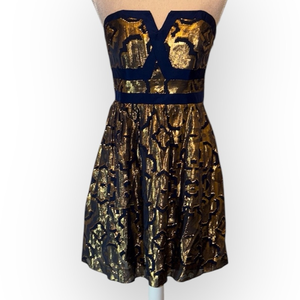 Alice & Trixie blue gold metallic strapless silk mini dress